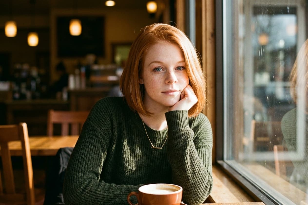 Generate a portrait of a woman in the uploaded image in a cinematic cozy café sc