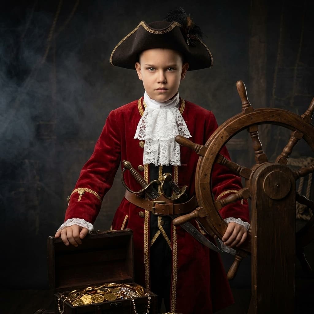 Studio photography. A boy in a stylish pirate captaln costüme standing behind a 