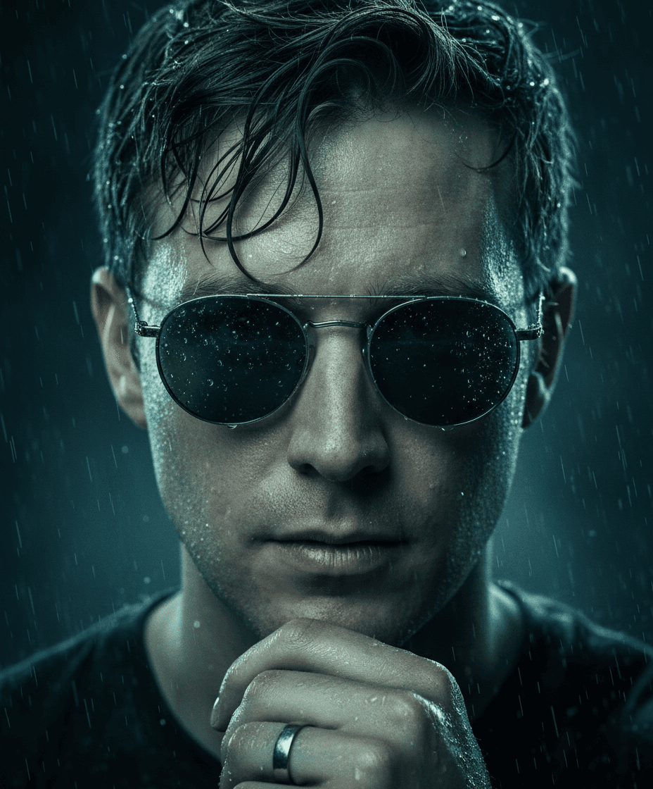 A hyper-realistic cinematic close-up portrait of a rugged person with wet. perso