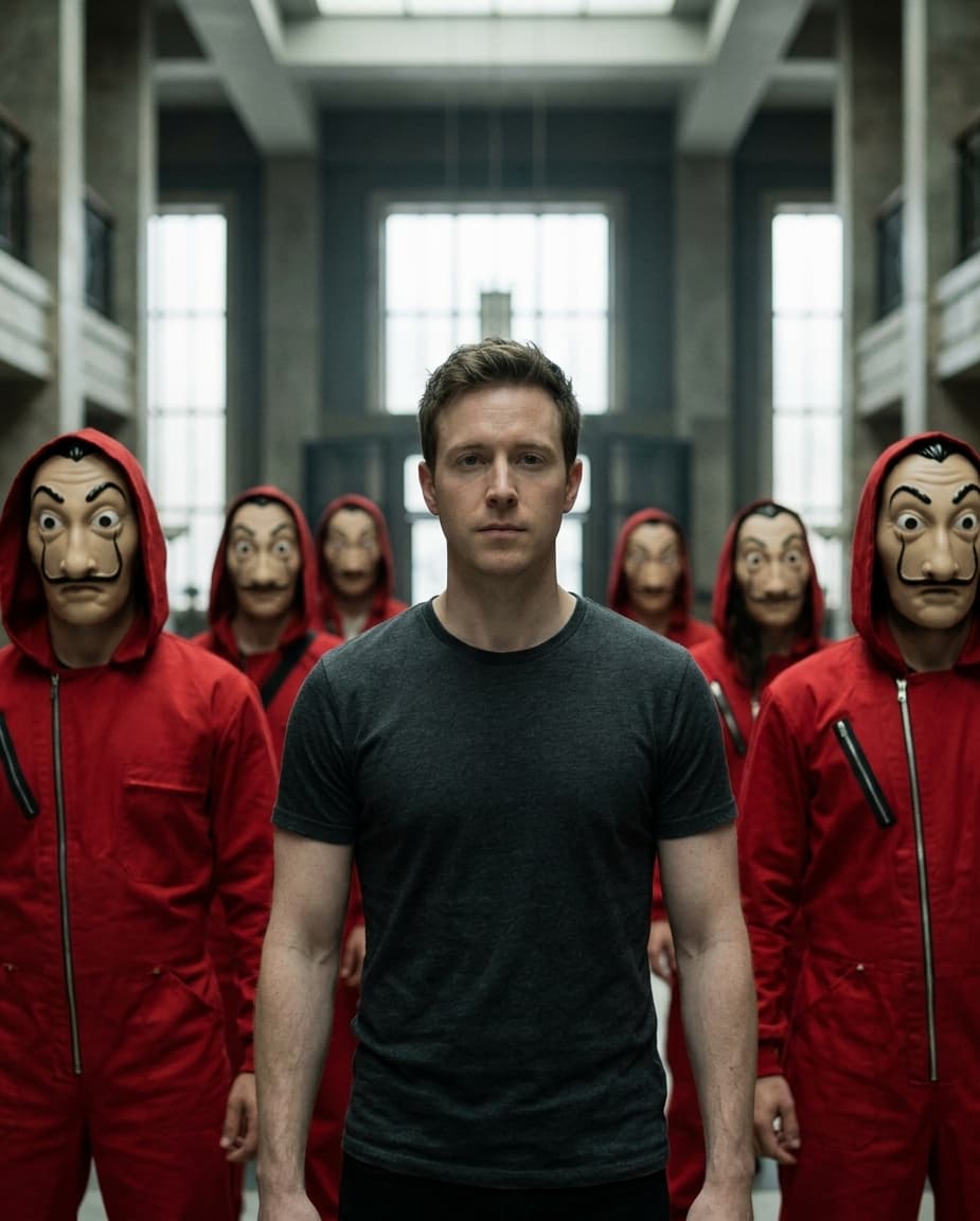 cinematic tense scene of a person without a mask walking confidently in the cent