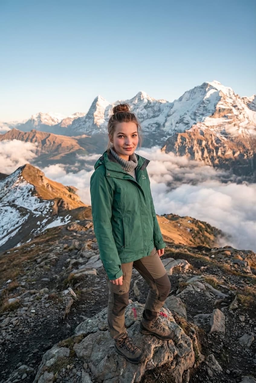 Use the uploaded photo as face identity reference. Adventure/travel portrait: pe
